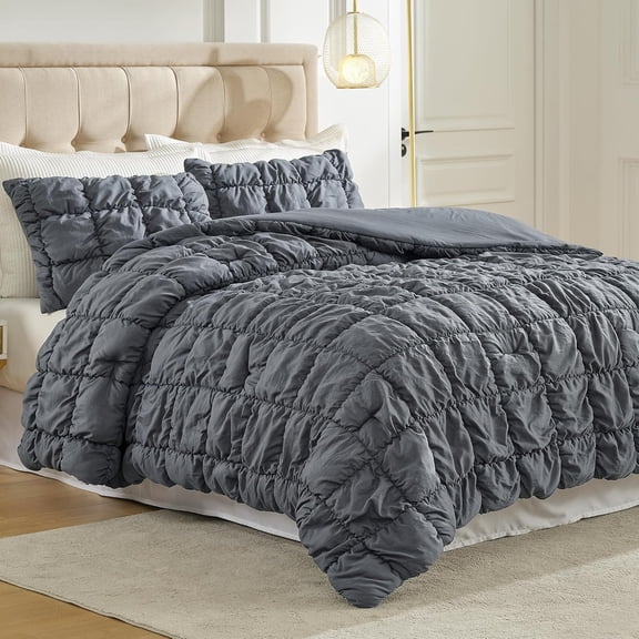 Grey Bubble Comforter Set Queen Size, 3 Pieces Ultra Soft Cozy Bedding Set for All Seasons, Farmhouse Luxury Gift