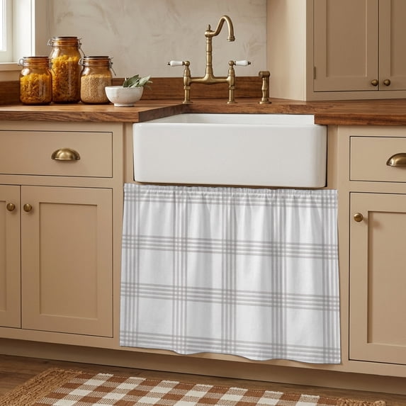 Grey Buffalo Plaid Cabinet Curtains 28"W x 35L, Farmhouse Checkered Watercolor Under Sink Skirt for Bathroom Vanity Kitchen Self Adhesive, Dust-Proof Privacy Curtain for Closet Shelves Laundry Room