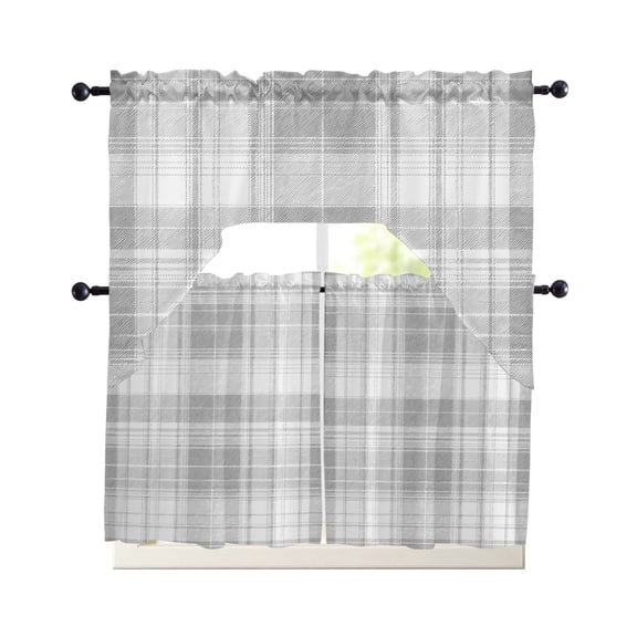 Grey Buffalo Plaid Kitchen Curtains Set for Windows 3 Piece Cafe Curtains 24 Inch Length Swag Curtains Valances and Tier Set Farmhouse Modern Checkered Drapes for Bedroom Bathroom Living Room