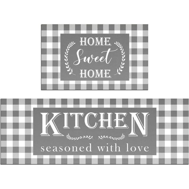 Grey Buffalo Plaid Kitchen Mat Set of 2 Non Slip Thick Kitchen Rugs and