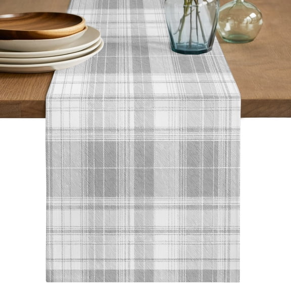 Grey Buffalo Plaid Short Table Runner 36 Inches Long, Farmhouse Modern Checkered Cotton Linen Table Runners Dresser Scarves, Fabric Tabletop Scarf Furniture Cover for Home Dinner Party Decor 13"x36"