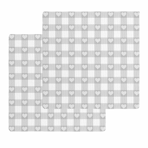 Grey Buffalo Striped Kitchen Dish Towels for Drying Dishes Set of 2, Love Heart Checkered Waffle Weave Microfiber Hand Tea Bathroom Towels Quick Dry & Absorbent Towel 12x12