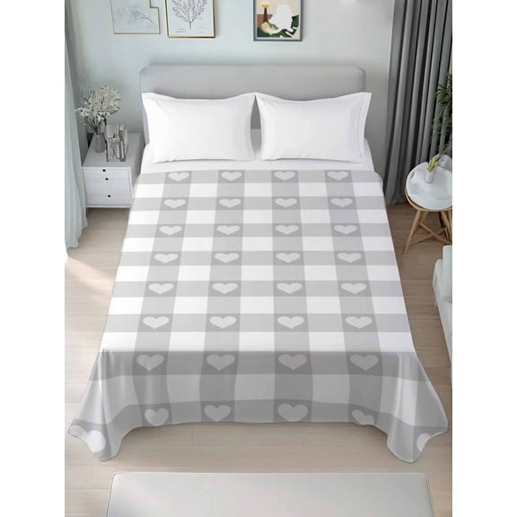 Grey Buffalo Striped Twim Size Flat Sheet, Wrinkleproof & Fadeproof Cooling Flat Bed Sheet Only, Love Heart Checkered Breathable Soft Bedding Top Sheets 66 x 96 Inches