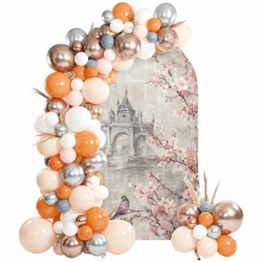 Grey Building Pink Cherry Arch Backdrop Cover 7.2Ft, Wedding Arch Covers Stretchy Backdrop, Romantic Castle Branch Fitted 2 Sided Arched Photo Background for Birthday Party Decorations