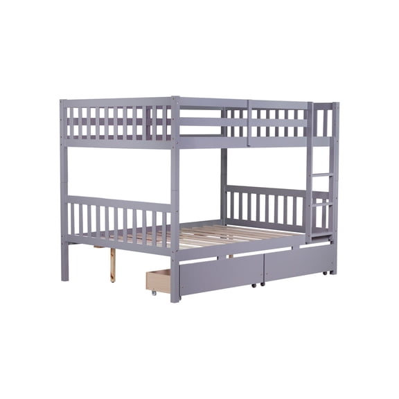 Grey Bunk Bed with 2 Drawers, Full Size / Detachable Function, Storage Drawers with Wheels, Safety Guaranteed