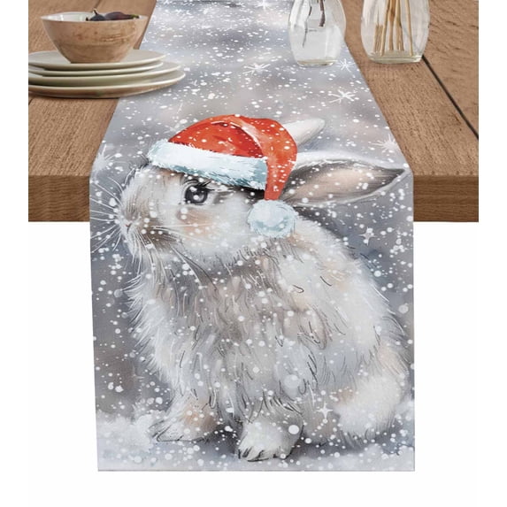 Grey Bunny Christmas Burlap-Cotton Table Runner 60 Inches Long,Xmas Snowflake Farmhouse Table Runners,Outdoor Dining Tablecloths Decor for Baby Shower Party Wedding 13x60