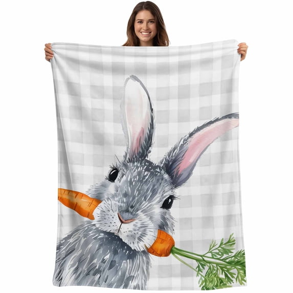 Grey Bunny Easter Blanket Soft Cozy Warm Throw Blanket for Couch, Plush Fuzzy Flannel Fleece Blankets for Sofa, Rabbits Grey Checkered Carrots Bed Blankets Lightweight Gifts for Women, 30"x40"