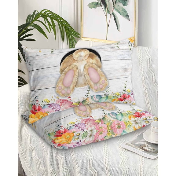 Grey Bunny Easter King Pillow Cases Set of 2 - Microfiber Bed Throw Pillow Covers, Rabbit Spring Floral Eggs Wooden Decorative Lumbar Pillow Cover with Envelope Closure for Sofa/Travel 20"x36"