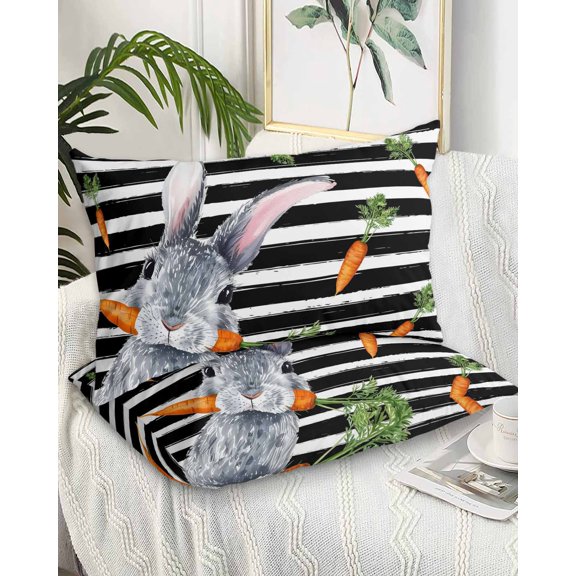 Grey Bunny Easter King Pillow Cases Set of 2 - Microfiber Bed Throw Pillow Covers, Rabbits Spring Botanical Black White Stripe Decorative Lumbar Pillow Cover with Envelope Closure for Sofa 20"x36"