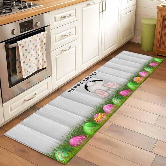 Grey Bunny Easter Runner Rug 2x6 FT,Non Slip Hallway Carpets,Green Pink Eggs Rabbits Farmhouse Washable Soft Floor Carpet Throw Runner Carpet Long Rug for Entryway Kitchen Bedside Sliding Door