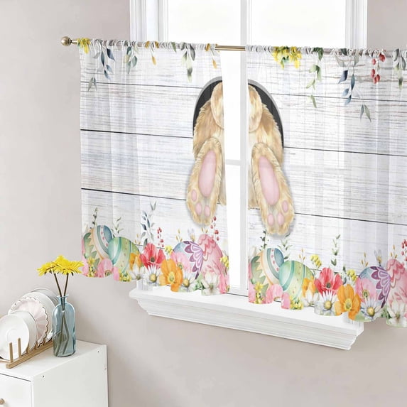 Grey Bunny Easter Sheer Curtains 54 Inch Length 2 Panels Set Window Treatments, Rabbit Spring Floral Eggs Wooden Rod Pocket Semi Curtains for Living Room/Bedroom/Kitchen Décor, 104"W x 54"L