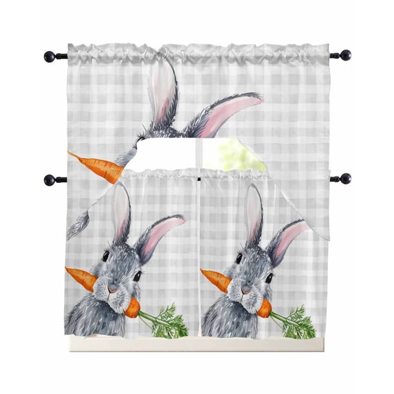 Grey Bunny Easter Swag Curtains for Living Room/Bedroom Windows, Rabbits Grey Checkered Carrots Kitchen Curtains and Valances Set 36 Inch Length, Light Filtering Swags Valance Curtain Panels