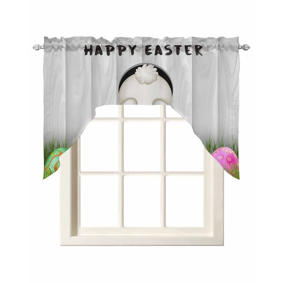 Grey Bunny Easter Swag Valances for Windows, Small Curtains Drapes, Green Pink Eggs Rabbits Farmhouse Kitchen Window Curtains Over Sink Window Treatment Valance for Bedroom/Bathroom 56"x36"