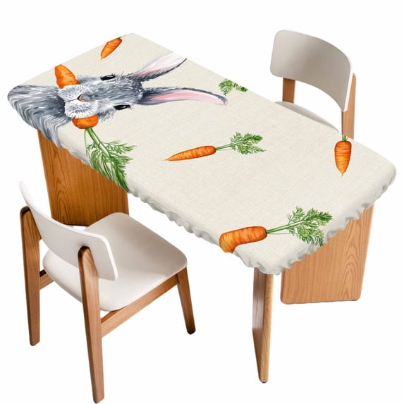 Grey Bunny Easter Table Cloths for 3 Foot Rectangle Tables, Rabbits Spring Botanical Carrots Patio Waterproof Elastic Fitted Tablecloths, Washable Rectangular Table Cover for Camping