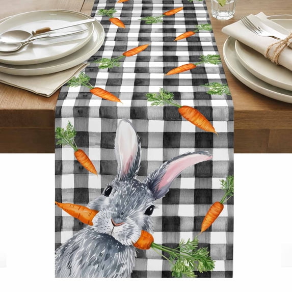 Grey Bunny Easter Table Runner - 120 Inch Long, Kitchen Dining Table Runner Dresser Scarves, Rabbits Spring Botanical Black White Plaid Farmhouse Decor for Coffee Tables Wedding Party Banquet