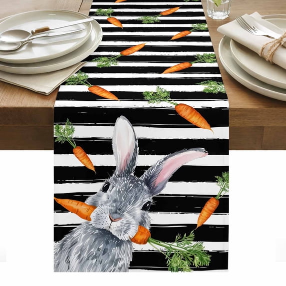 Grey Bunny Easter Table Runner - 60 Inch Long, Kitchen Dining Table Runner Dresser Scarves, Rabbits Spring Botanical Black White Stripe Farmhouse Decor for Coffee Tables Wedding Party Banquet