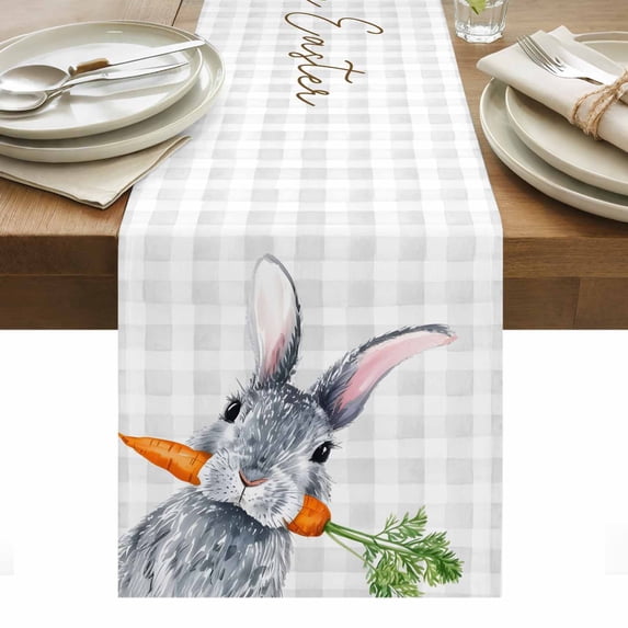 Grey Bunny Easter Table Runner - 72 Inch Long, Kitchen Dining Table Runner Dresser Scarves, Rabbits Grey Checkered Carrots Farmhouse Decor for Coffee Tables Wedding Party Banquet