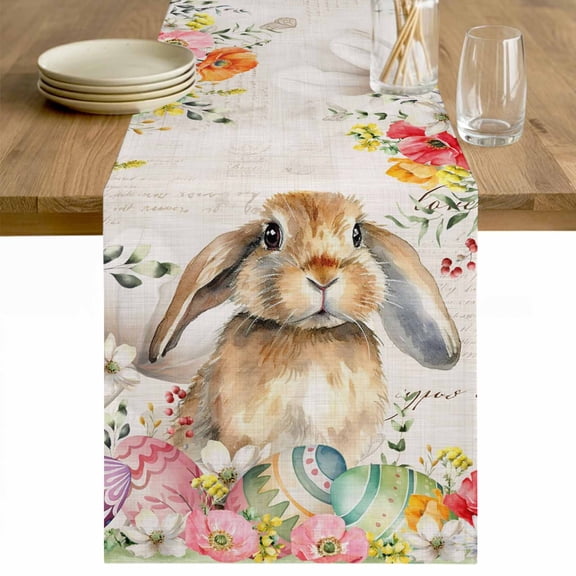 Grey Bunny Easter Table Runner 90 Inches Long Farmhouse Dress Scarves, Rabbit Spring Floral Eggs Retro Dining Tablerunner for Coffee Table/Kitchen Island/Party Décor, 13" x 90"