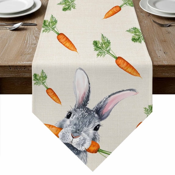 Grey Bunny Easter Table Runner Linen Burlap Table Runner 108 Inches Long Rabbits Spring Botanical Carrots Dresser Scarves for Kitchen Island Coffee Dining Party Wedding Banquet Holiday Decor 13"x108"