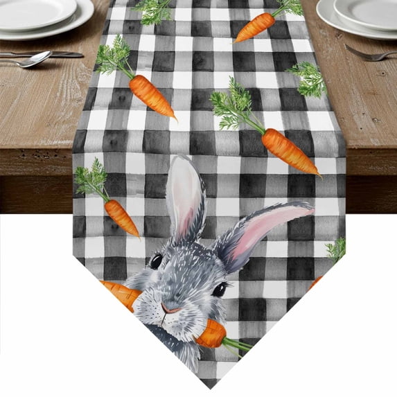 Grey Bunny Easter Table Runner Linen Burlap Table Runner 72 Inches Long Rabbits Spring Botanical Black White Plaid Dresser Scarves for Kitchen Island Coffee Dining Party Wedding Holiday Decor 14"x72"