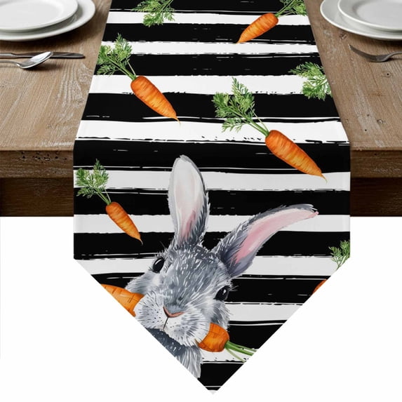 Grey Bunny Easter Table Runner Linen Burlap Table Runner 72 Inches Long Rabbits Spring Botanical Black White Stripe Dresser Scarves for Kitchen Island Coffee Dining Party Holiday Decor 18"x72"