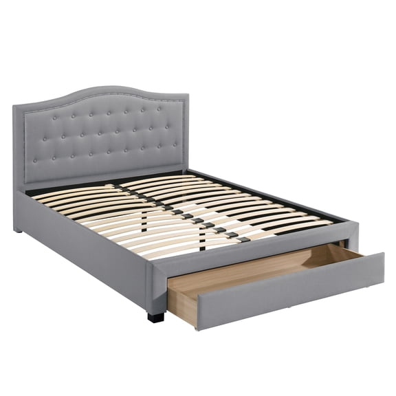 Grey Burlap Queen Bed With Modern Arch Design And Storage Fabric Headboard Underbed Drawer