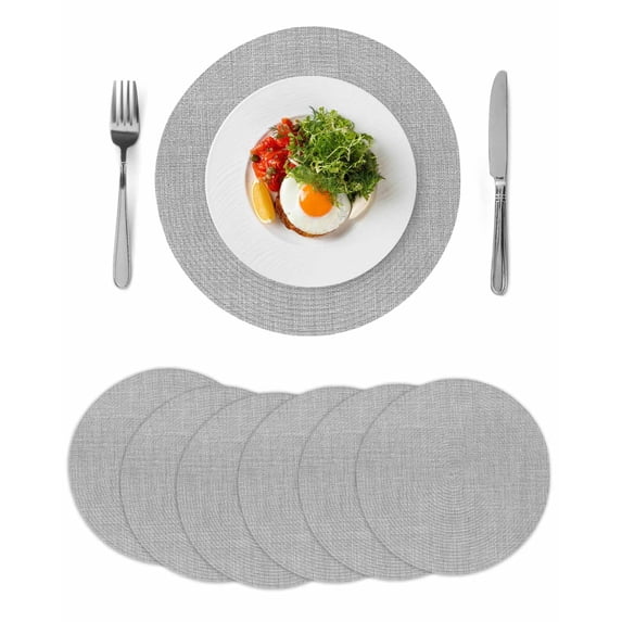 Grey Burlap Texture Round 15 Inch Placemats Set of 6, Farmhouse Vintage Gray HeatResistant Non Slip Place Mats for Dining Table, Wipeable Braided Kitchen Table Mats for Housewarming