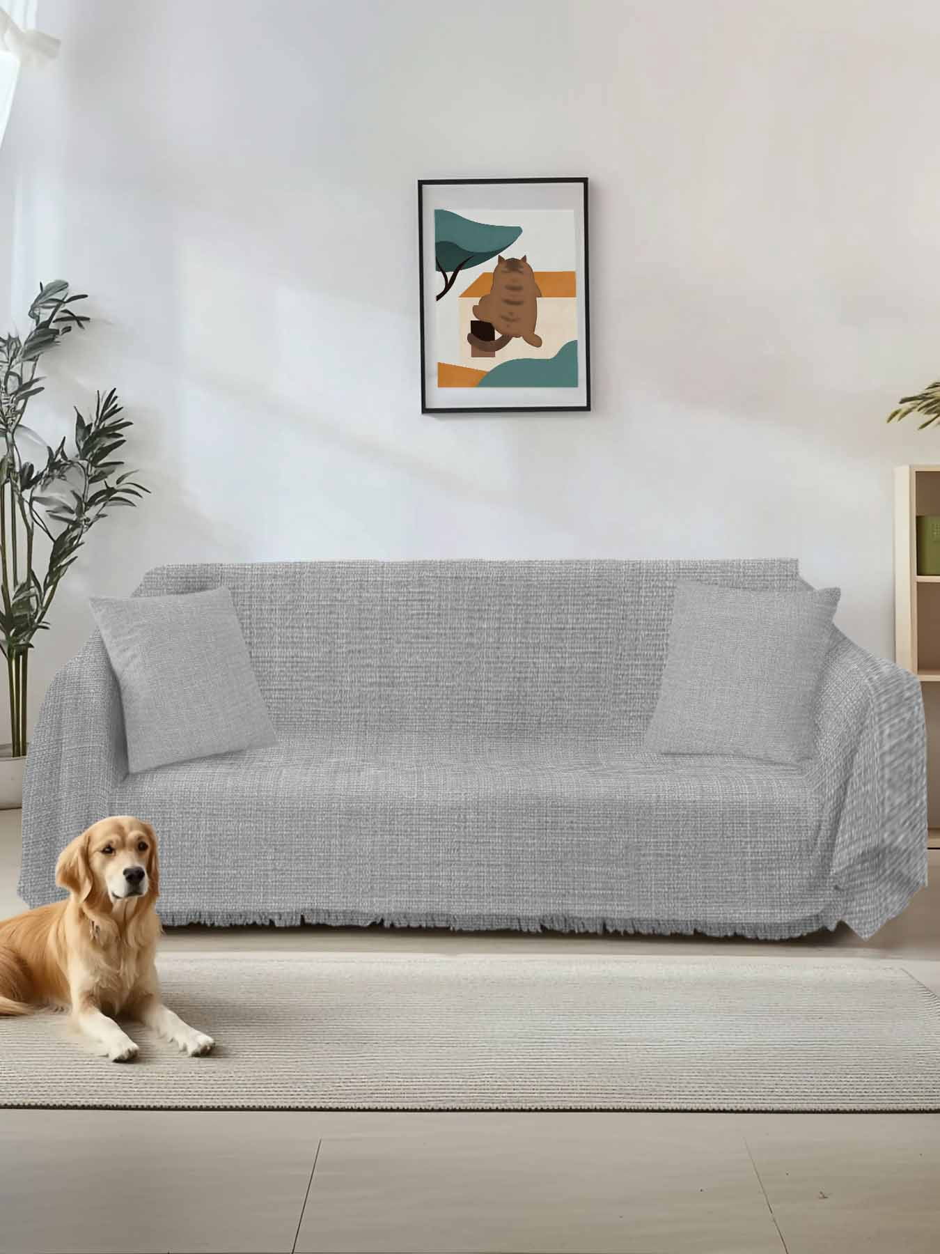 Grey Burlap Texture Sofa Covers for 2-3 Cushion Couch L-Shaped Sectional, Farmhouse Vintage Gray Washable Sofa Covers Slipcover for Living Room Furniture, Couch Cover Blanket 71"x134"