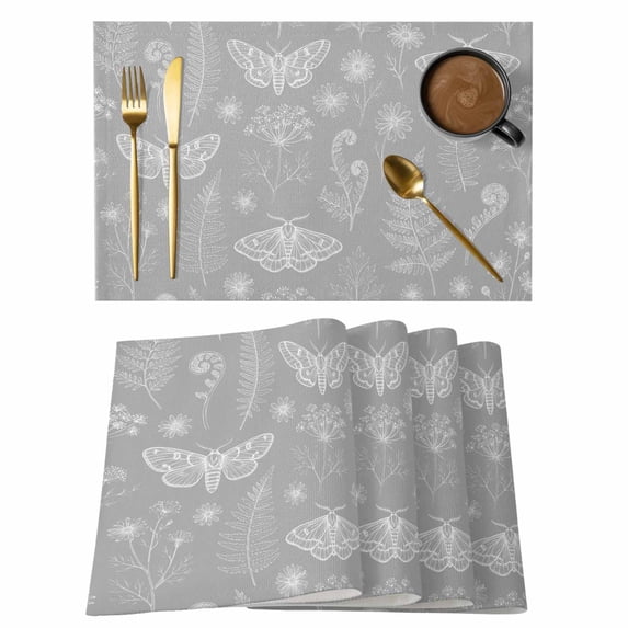 Grey Butterfly Botanical Placemats Set of 2 Summer Plants Line Art Place Mats Indoor Wipeable Table Mats Washable Cloth Dining Table Placemats for Kitchen Holiday Party Home Decor 13x19 Inch