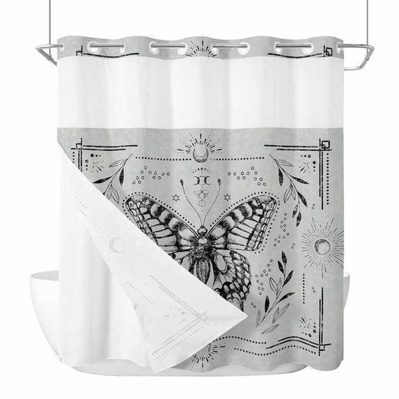 Grey Butterfly No Hook Shower Curtain Waterproof, Bathroom Curtains with Snap in Liners and See Through Top Window, Vintage Boho Spring Floral Botancial Hotel Style Bathtub Curtains Shower 72"Wx72"L