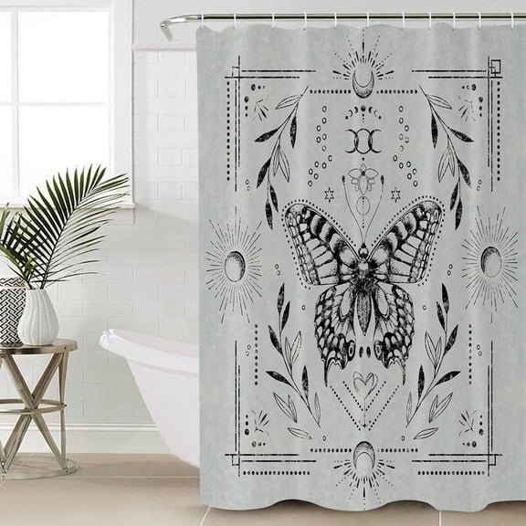 Grey Butterfly Shower Curtain Set, Waterproof Shower Curtains for Bathroom, Vintage Boho Spring Floral Botancial Washable Fabric Cloth Bath Curtain for Bathtub Decoration with Hooks 48x72 Inches