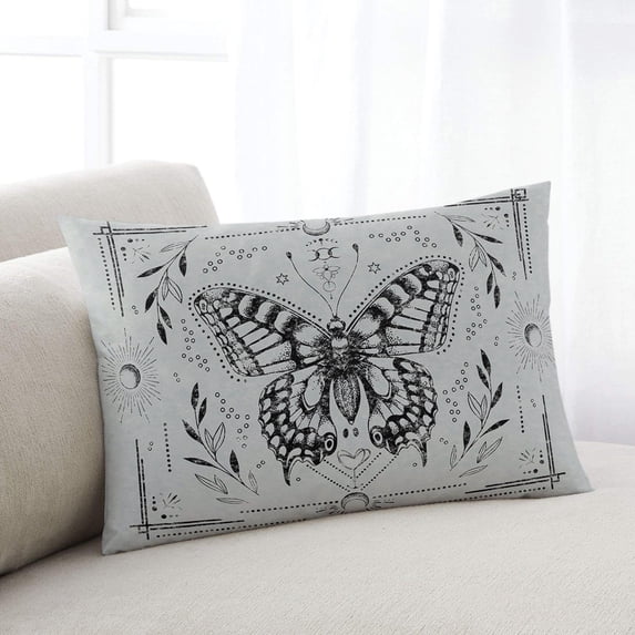 Grey Butterfly Standard Size Pillow Cover, Pillowcase Protectors with Zipper, Breathable Decorative Throw Pillow Case Cover, Vintage Boho Spring Floral Botancial Pillow Shams for Couch Sofa 20x26Inch