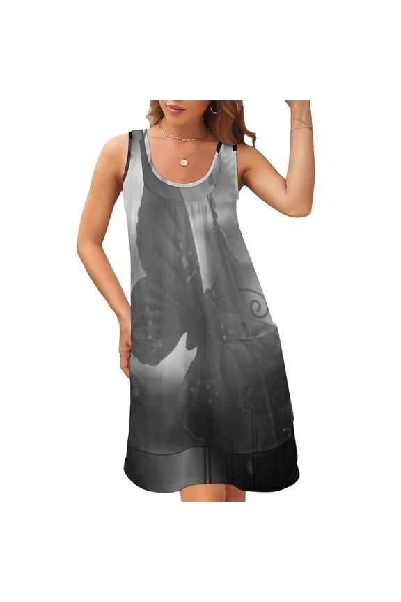 Grey Butterfly in Rain Sleeveless U-Neck Fake Two Piece Dress Prom gown Women's skirt Cocktail of dresses