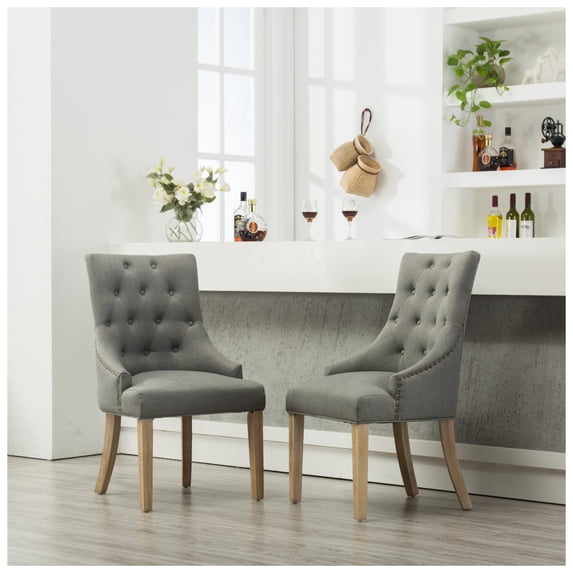 Grey Button Tufted Solid Wood Wingback Hostess Chairs with Nail Heads Set of 2