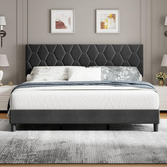 Grey California King Bed Frame, Upholstered Bed Frame, Heavy-Duty Platform Bed Frame with Height Adjustable Fabric Headboard, Strong Wood Slat Support/No Box Spring Needed