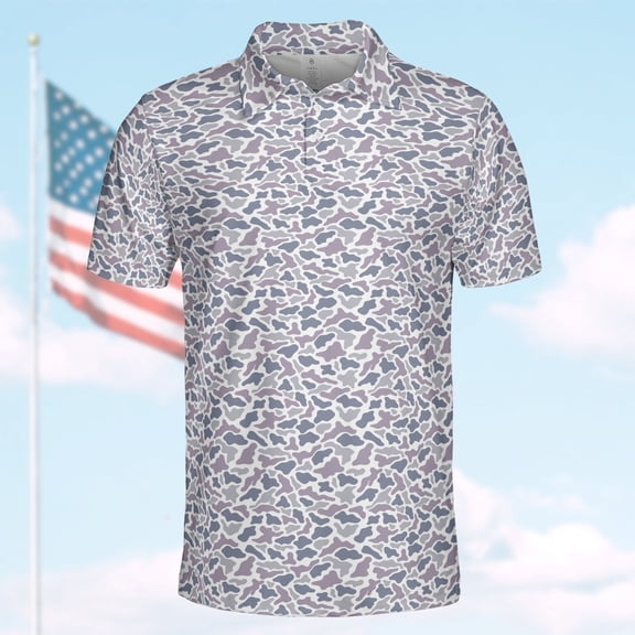 Grey Camouflage Polo Shirt for Men Short Sleeve Outdoors Hunting Shirt 3D