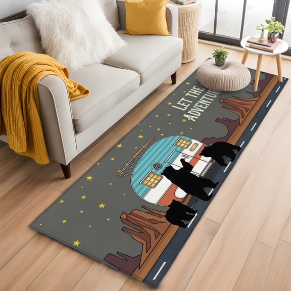 Grey Camping 2'x6' Runner Rug, Summer Travel Black Bear Cabin Washable Non-Slip Area Rugs for Hallway Kitchen Floor Bedroom Entryway, Long Laundry Carpet Decoration Indoor Mat
