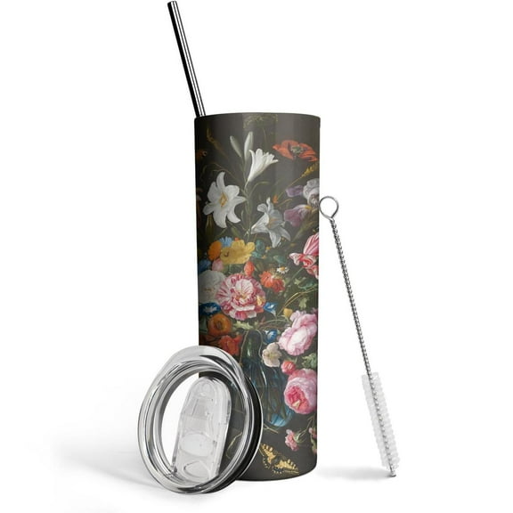 Grey Canis Floral 20 oz Black Insulated Stainless Steel Tumbler