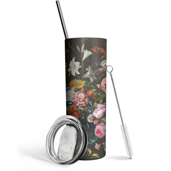 Grey Canis Floral 20 oz Black Insulated Stainless Steel Tumbler