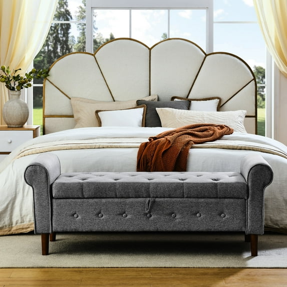 Grey Canvas Upholstered - Rolled Arm and Button Stitch - Bedside or Living - Relaxing Seating with Storage