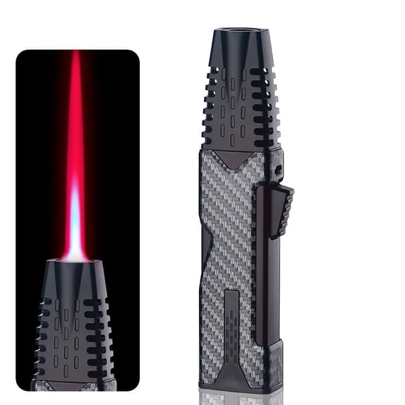 Grey Carbon Fiber Style Alloy Metal Windproof Butane Torch Lighter Long Body For Outdoor Cooking