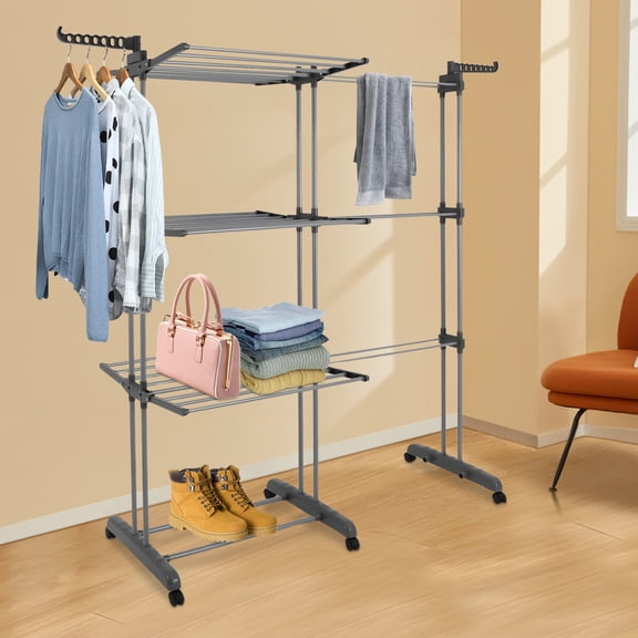 Grey Carbon Steel PP 3-Layer 151x49x176cm Clothes Rack Pulley Folding Telescopic Clothes Drying Rack 66 Lb Load-Bearing