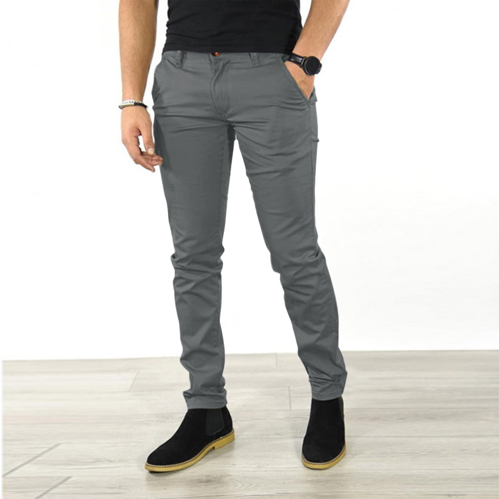 brown mens dress pants male casual business solid slim pants zipper fly  pocket cropped pencil pant trousers 
