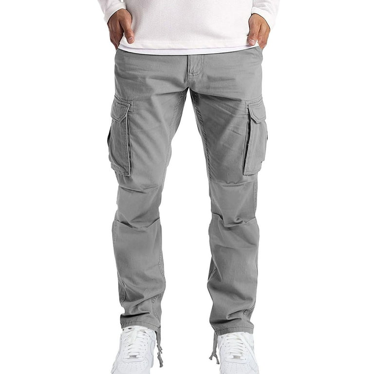 Grey Cargo Pants Men's Four Seasons Street Casual Sports Double Pleated  Design Solid Color Multi Pocket Straight Tube Zipper Leg Drawstring Cargo  Pants 