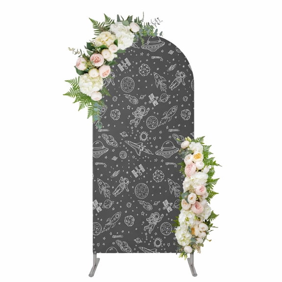 Grey Cartoon Space Arch Backdrop Cover 4FT, Star Spacecraft Rocket Meteorite Spandex Fitted Stretchy Arch Stand Covers, Round Top Chiara Backdrop Cover for Wedding Party Birthday Baby Shower