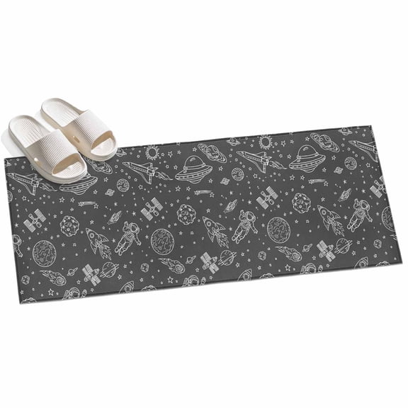 Grey Cartoon Space Hallway Runner Rug 2x6 Washable Non Slip Kitchen Runner Rug for Bedside Bathroom Star Spacecraft Rocket Meteorite Indoor Floor Carpet Area Rugs for Living Room Bedroom Office