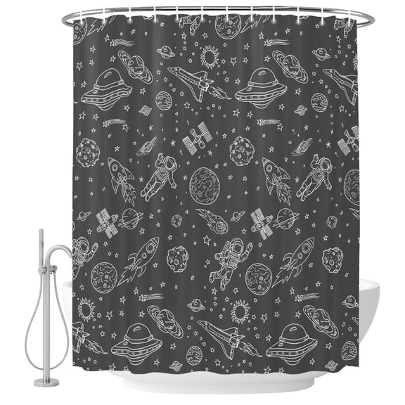 Grey Cartoon Space Shower Curtain Set - Small 36" x 72" Washable Bathtub Curtain with 12 Hooks, Star Spacecraft Rocket Meteorite Waterproof Fabric Stall Shower Curtains for Bathroom/Bathtub Décor