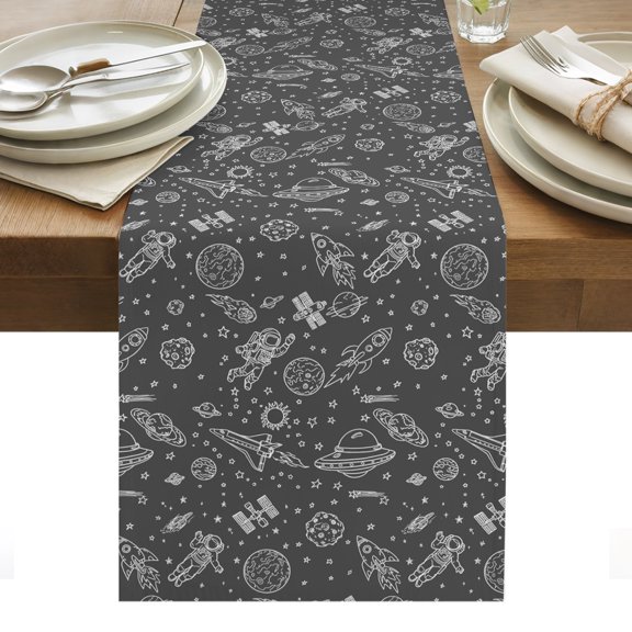 Grey Cartoon Space Table Runner Star Spacecraft Rocket Meteorite Tablerunners 18 x 72 Inch, Table Decorations Tabletop Scarf for Summer Gathering Holiday Farmhouse Kitchen Dining Decor