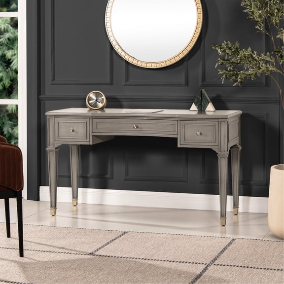 Grey Cashmere 55" Computer Desk. Solid Wood & Build. 3 Soft-close Drawer Spaces. Satin-gold Pull Designs. Leg Assembly Necessary. 56.42in D X 19.16in W 31.89in H. 84lb 3 Desk, Cashmere. Built With .