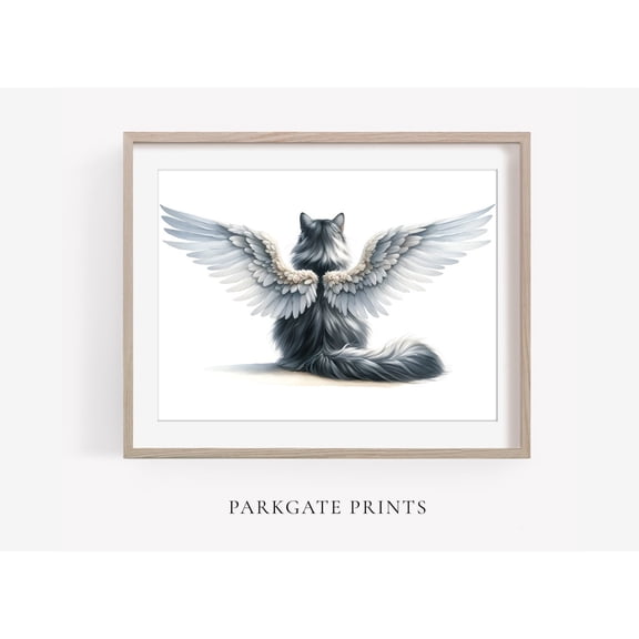 Grey Cat Angel Wings Wall Art Print